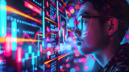 A digital art piece of an Asian man in glasses, wearing trendy and looking at colorful stock market charts on the screen, set against a backdrop with glowing neon lights - obrazy, fototapety, plakaty