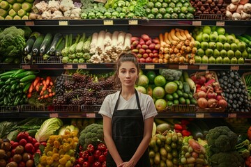 A female saleswoman in an apron standing in front of a colorful array of fresh fruits and vegetables at a market - obrazy, fototapety, plakaty