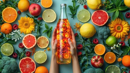 Creative collage of eco-friendly lifestyle choices like plant-based diets and reusable water bottles, vibrant and informative