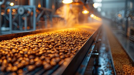 Conveyor belt transporting freshly brewed coffee in a coffee bean processing plant, aromatic steam - obrazy, fototapety, plakaty
