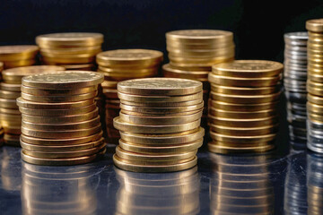 Stacks of coins on table against black background - saving finance and inflation concept