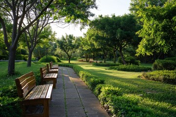 A row of wooden benches positioned beside a lush green park with a pathway under a clear sky