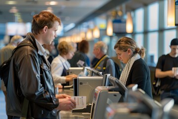 Passengers interacting with airline staff at an airport check-in counter