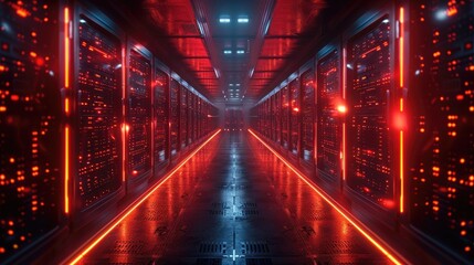 Fototapeta na wymiar Data servers glowing in a dark room, technology infrastructure concept