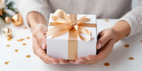 Female hands with festive minimalistic manicure tie a bow on a white gift box сreated with Generative Ai