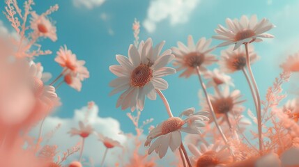 Many vibrant daisies suspended in mid-air, creating a magical and surreal scene