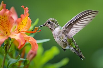 A tiny, iridescent hummingbird hovers near a flower, its long beak dipping into the nectar