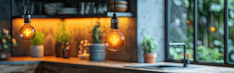 Energy-efficient light bulbs casting a warm glow in a contemporary kitchen, inviting and stylish - obrazy, fototapety, plakaty