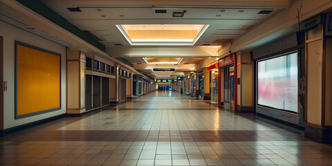 An abandoned mall corridor with closed shops and no visitors., Empty interior of an elementary school hallway with lockers and classrooms