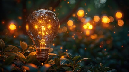 Energy-efficient light bulbs glowing in the dark, creating a magical and ethereal atmosphere