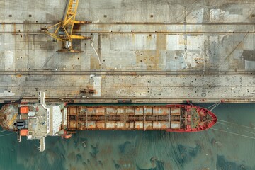 A large cargo ship unloading cargo containers in the water, captured from above