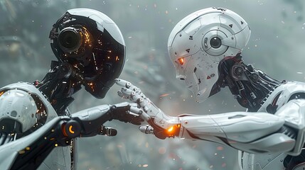 digital transformation concept with human and robot hands touching, technology evolution symbol