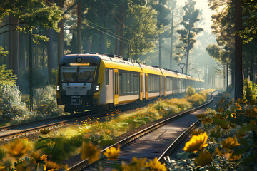Obraz premium Modern Blue German Train Journey Through Summer Forest