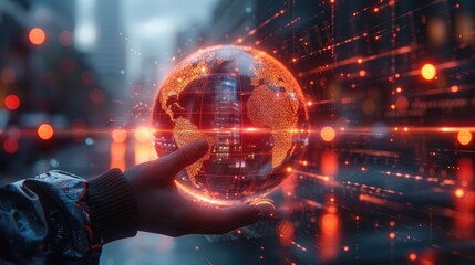 Futuristic holographic globe projection with rotating elements