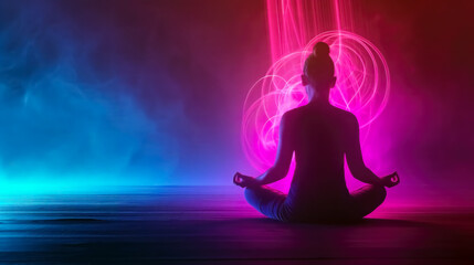 Fototapeta na wymiar yoga girl meditating in lotus position with chakra lines emitting with neon vibrant smoky environment