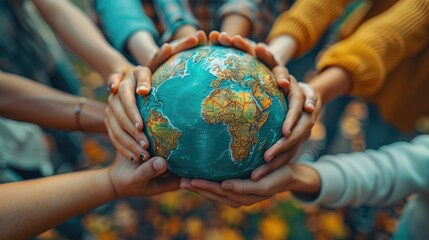 Group of diverse people holding hands in a circle around a globe, unity for sustainable energy - obrazy, fototapety, plakaty