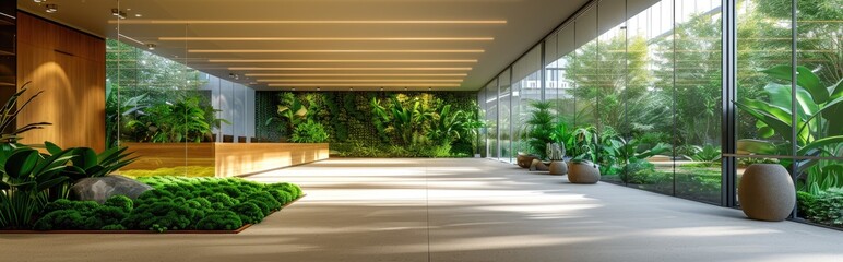 Green office space with energy-efficient lighting and sustainable materials, modern and eco-friendly