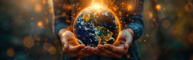 Hands holding a globe with energy-efficient light bulbs lighting up different continents, global concept - obrazy, fototapety, plakaty