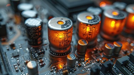 Macro photo of computer motherboard capacitors, electrical components - obrazy, fototapety, plakaty