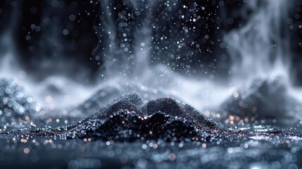 Macro shot of metal powder particles being sprayed onto a surface for 3D printing, futuristic technology