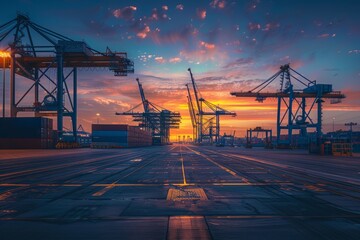 The sun sets over a dock with cranes in a commercial port, casting a warm glow over the industrial setting
