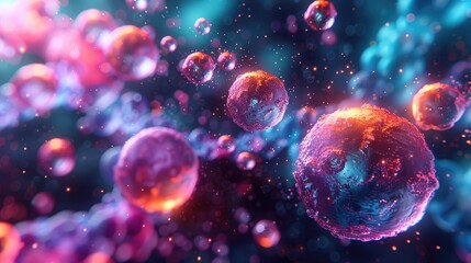 Nano particles interacting with human cells in a biological environment, colorful and dynamic image composition - obrazy, fototapety, plakaty