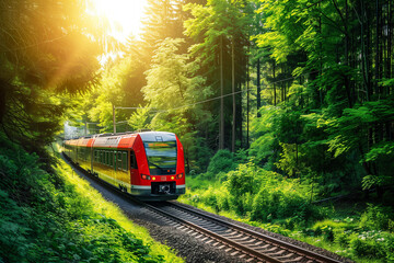 Fototapeta premium Modern Blue German Train Journey Through Summer Forest