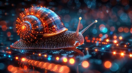 network latency concept with snail and stopwatch on a digital background, slow data transfer symbol - obrazy, fototapety, plakaty