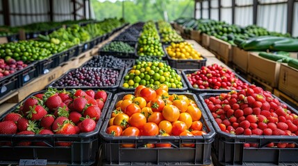 Pallets of fresh produce being loaded onto trucks in a food processing plant, farm-to-table distribution