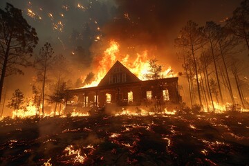 Forest fire encroaches on home, engulfing it in flames - obrazy, fototapety, plakaty