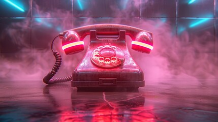 Retro telephone with neon lights, communication technology concept