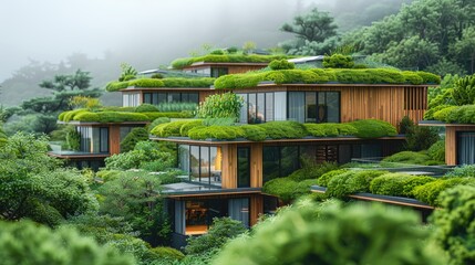 Obraz premium Stylish mockup of a sustainable housing development with green roofs and rainwater collection systems, modern and eco-conscious