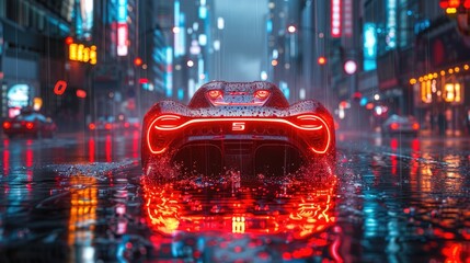 Surreal image of a solar-powered car driving through a neon-lit city at night, with reflections of buildings