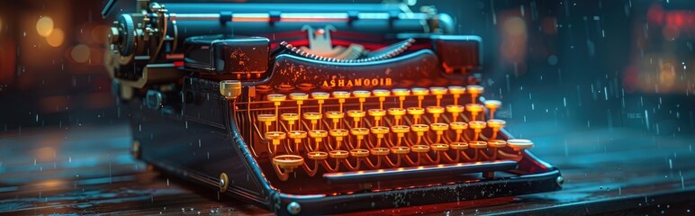 Vintage typewriter connected to a computer via cables, blending old and new technology