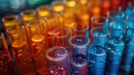 Vibrant photo of colorful glass tubes in a laboratory, scientific equipment, multiple shapes and sizes