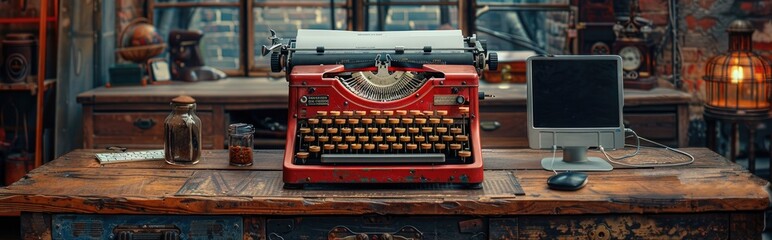 Vintage typewriter connected to a computer via cables, blending old and new technology