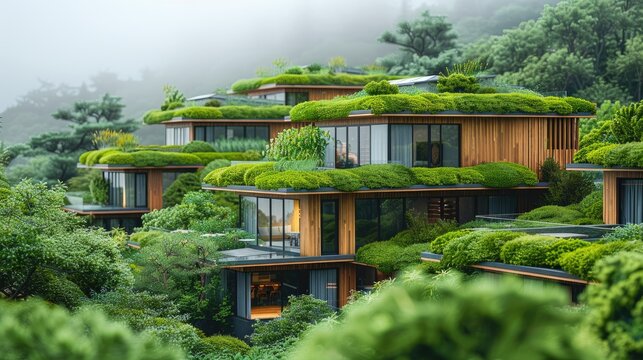 Stylish mockup of a sustainable housing development with green roofs and rainwater collection systems, modern and eco-conscious