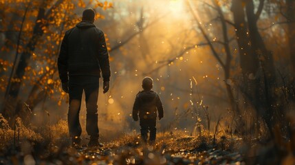 Back view of father and son walking in autumn forest at sunset. - obrazy, fototapety, plakaty