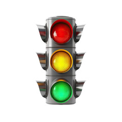 Classic traffic light with red, yellow and green lights turned on, cut out