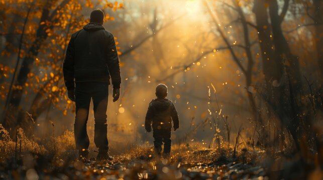 Back view of father and son walking in autumn forest at sunset.