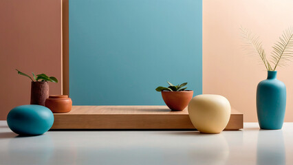 Ceramic pots arranged on a white floor against a backdrop of pastel colors