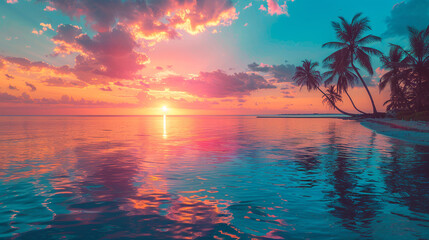 Paradise sunset by the sea. The sun sets against the backdrop of palm trees and water - Powered by Adobe