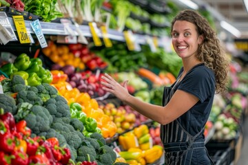 A woman standing in front of a vibrant display of fruits and vegetables, showcasing the variety of fresh produce available at the farmers market