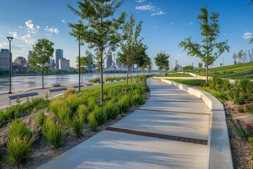 A walkway lined with trees and plants runs alongside a river, creating a green urban cityscape. Parks and promenades add to the scenic view - obrazy, fototapety, plakaty