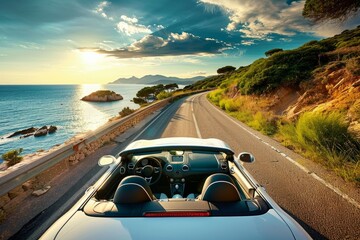 A car is seen driving down a coastal road next to the ocean under a clear sky - obrazy, fototapety, plakaty
