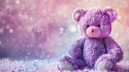Soft purple teddy bear, clean watercolor painting background, plush comfort, gentle smile - obrazy, fototapety, plakaty