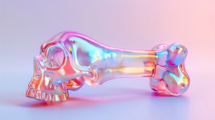 Cute skull skeleton bone with Y2K holographic 3D flair, clean background, radiant colors, playful retro vibe