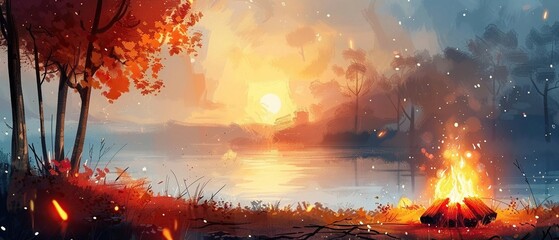 Autumnal Sunset by the Lake with a Warm Campfire Amidst the Falling Leaves - obrazy, fototapety, plakaty