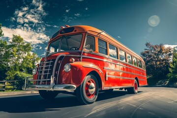 A vintage red bus drives down a street lined with trees, capturing a nostalgic moment of transportation history