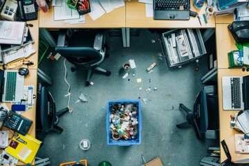 Overhead perspective of a cluttered workspace, showcasing a messy desk with scattered papers, office supplies, and a recycling bin